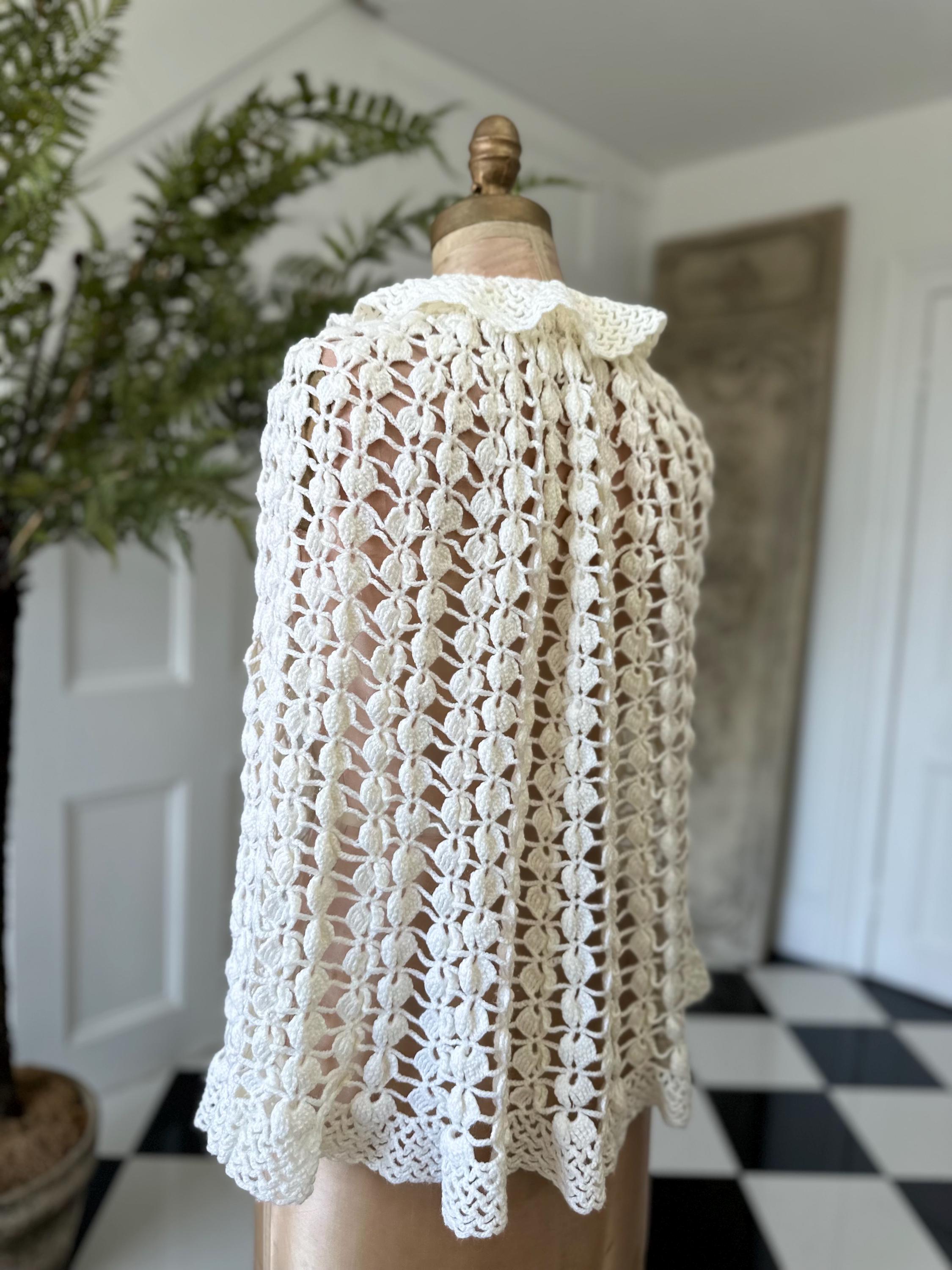 Vintage Off-White Hand Knitted Cape with Ruffle Neckline  and Pom Poms