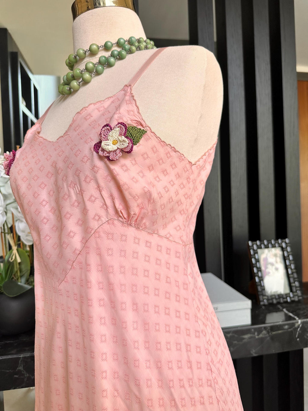 1930s Dreamy Pink Silk Slip Dress – 3D crochet Rosettes
