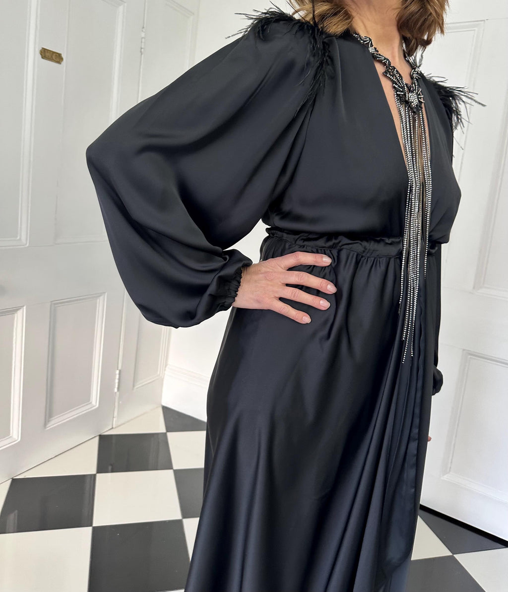 Vintage 1940s style black maxi gown robe with ostrich feather