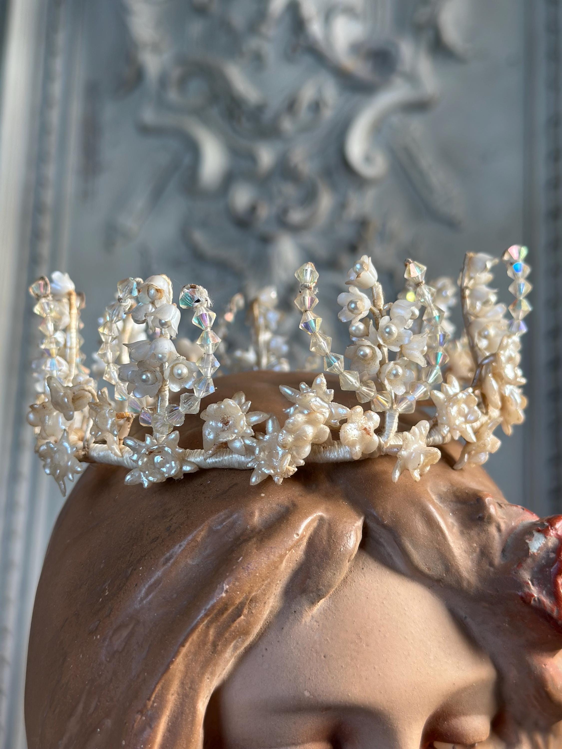 1910s 1920s Wax Elegant Handcrafted Pearl and Crystal wedding Tiara