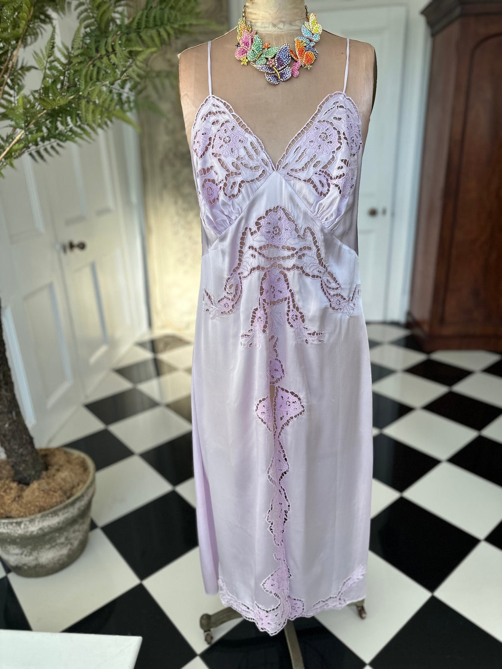 Vintage very sexy lilac cutout lace long slip