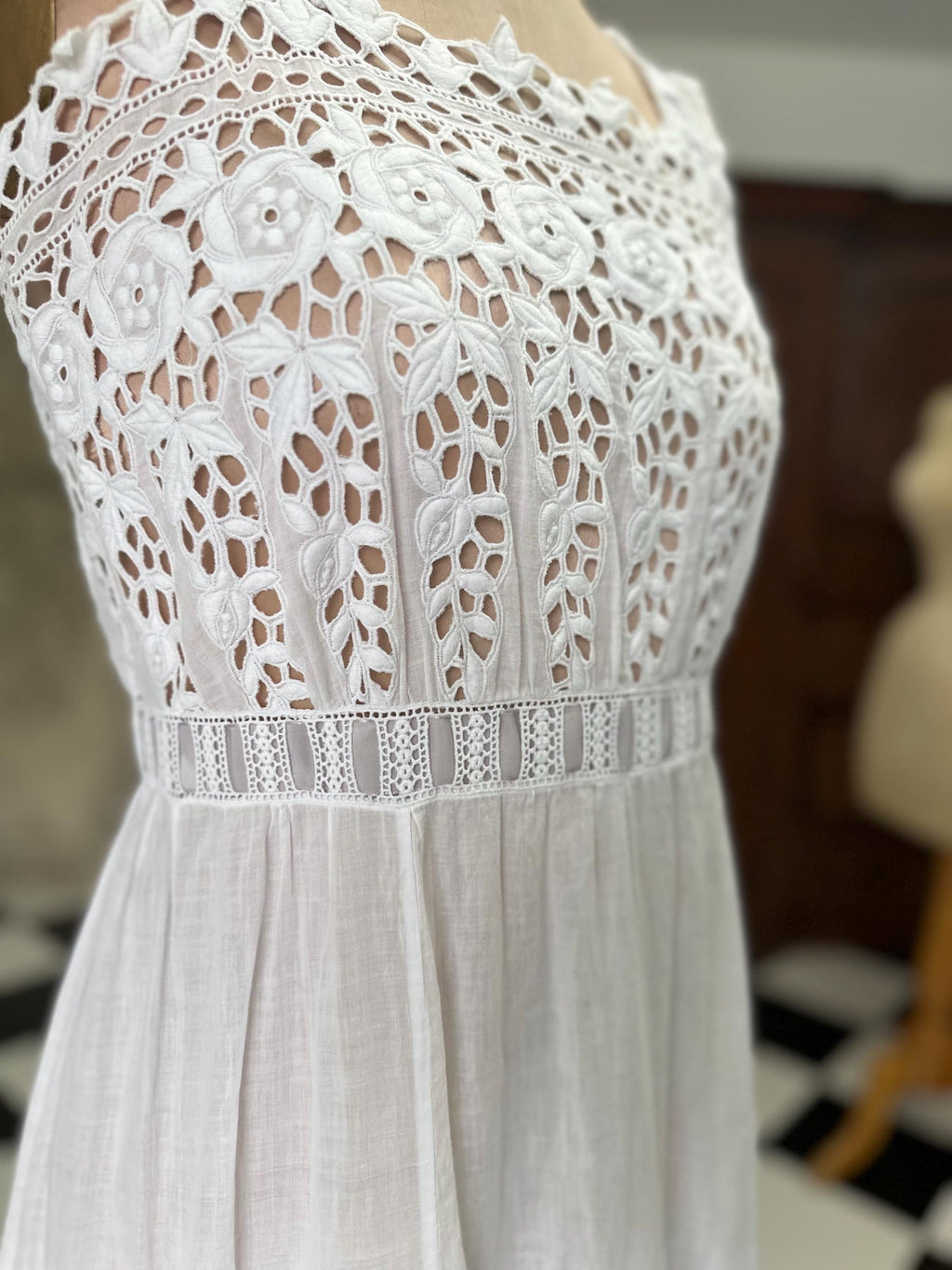 1910s Edwardian white embroidered lace  under dress with grey ribbon details