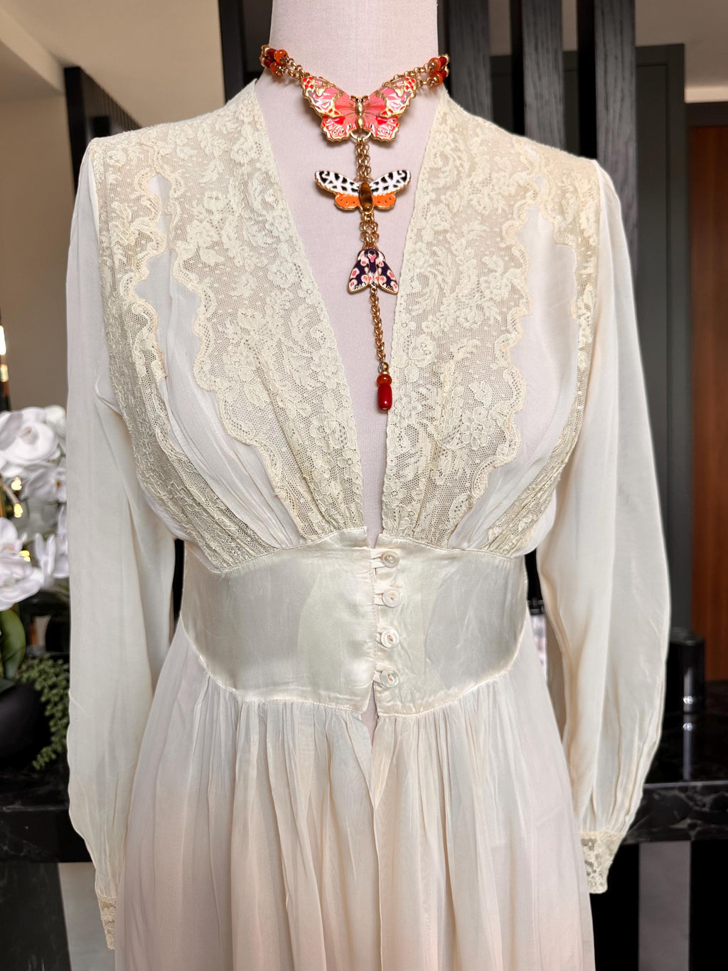 Vintage Forty Winks Ivory Lace Peignoir 1940s  Sheer Bridal Nightgown