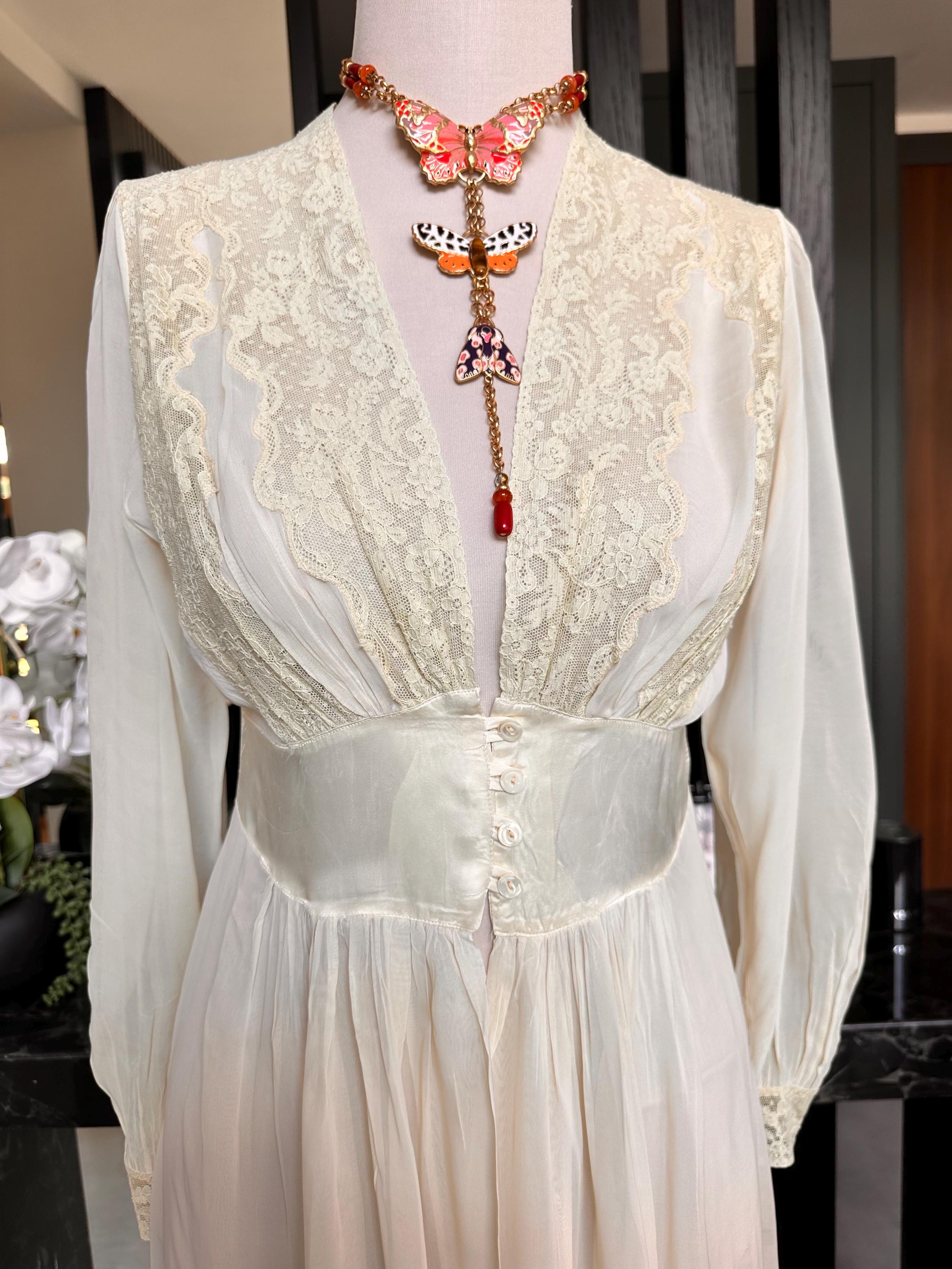 Vintage Forty Winks Ivory Lace Peignoir 1940s  Sheer Bridal Nightgown
