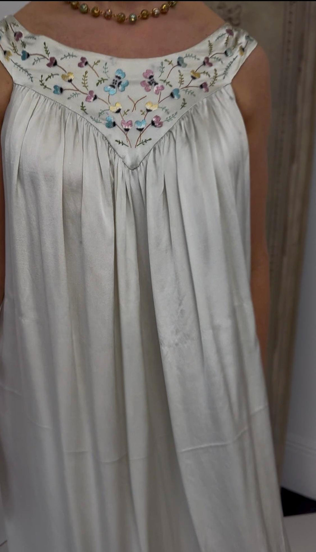 Vintage 1940s Grey Silk Slip Dress with Hand-Embroidered Details