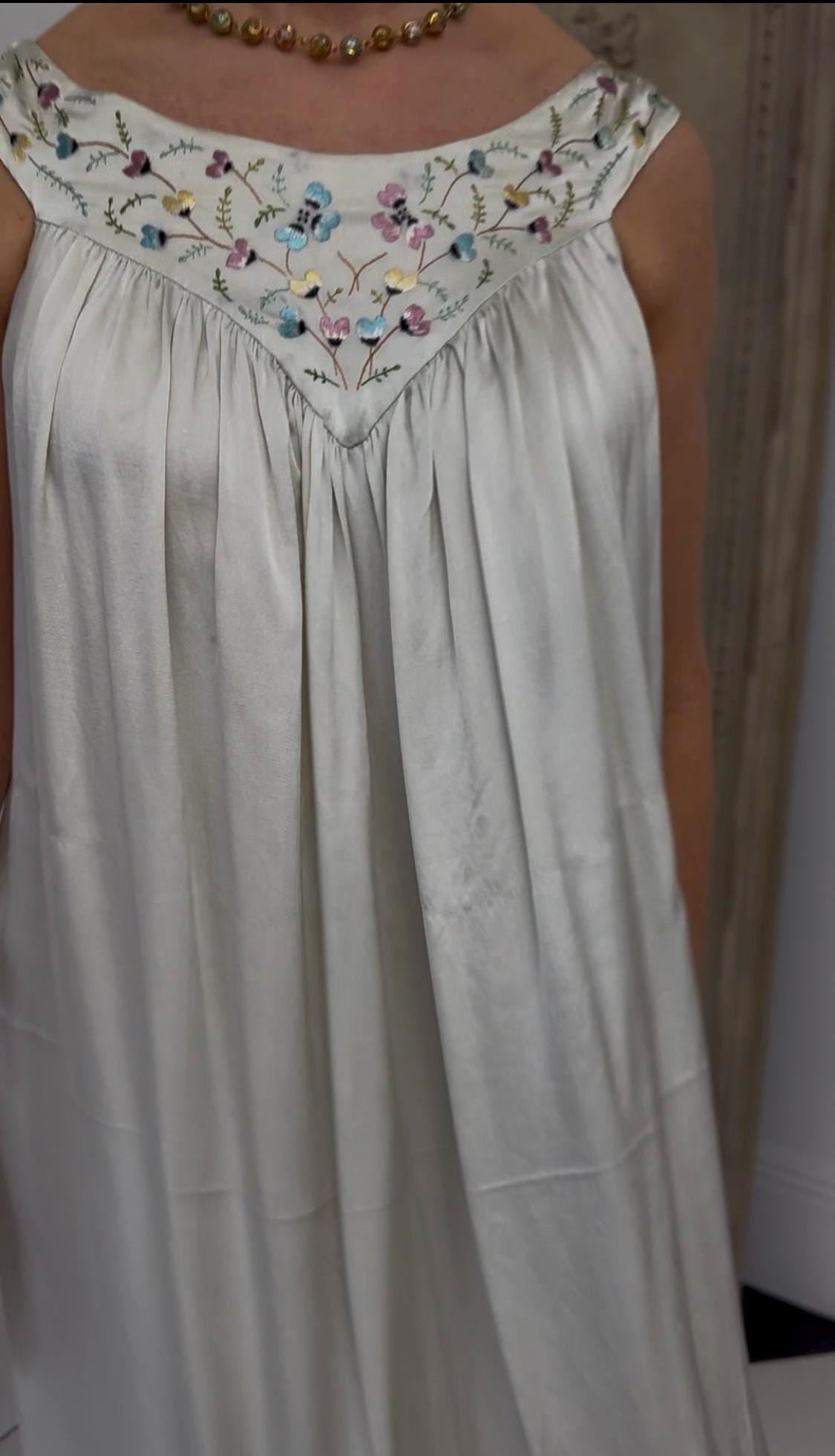 Vintage 1940s Grey Silk Slip Dress with Hand-Embroidered Details