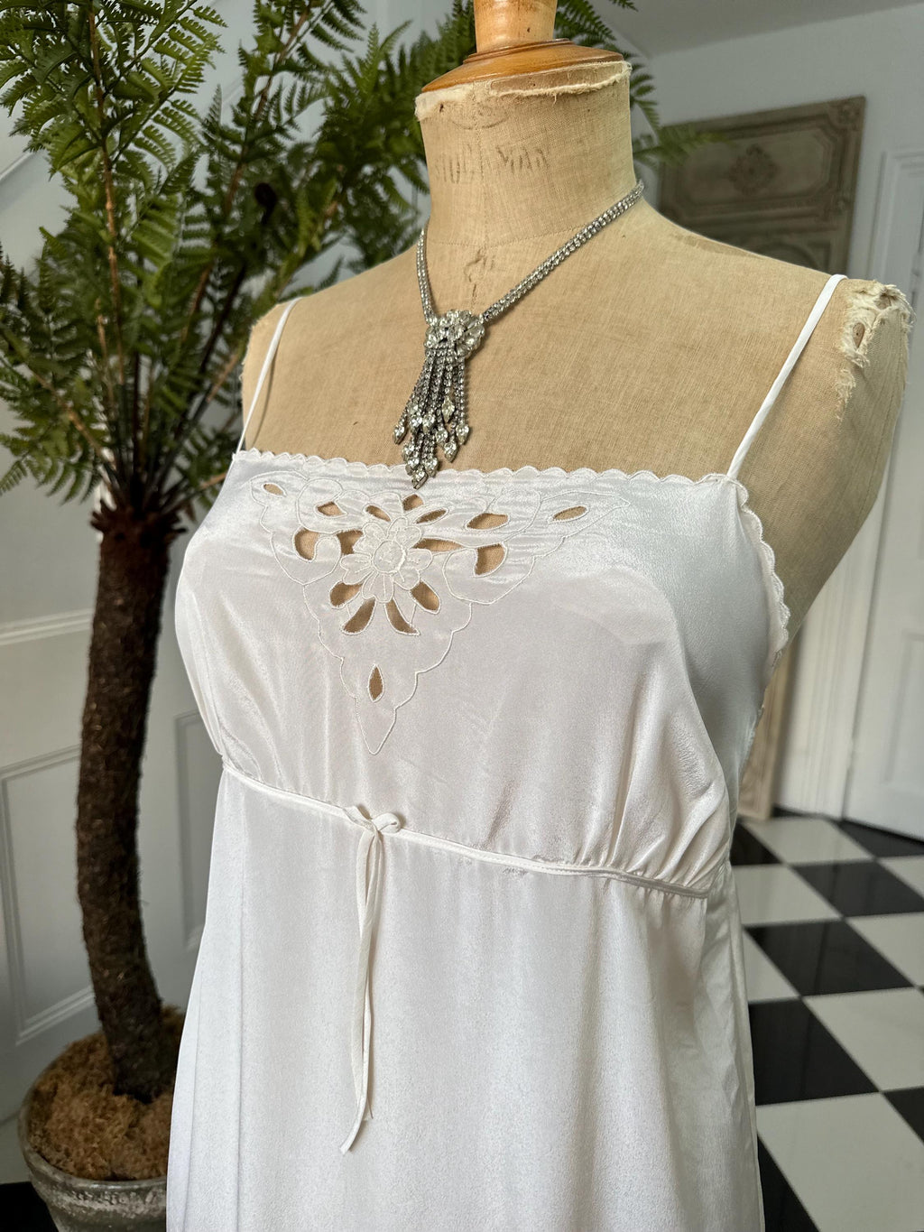 1970 long sexy slip dress with cutout lace details in off white
