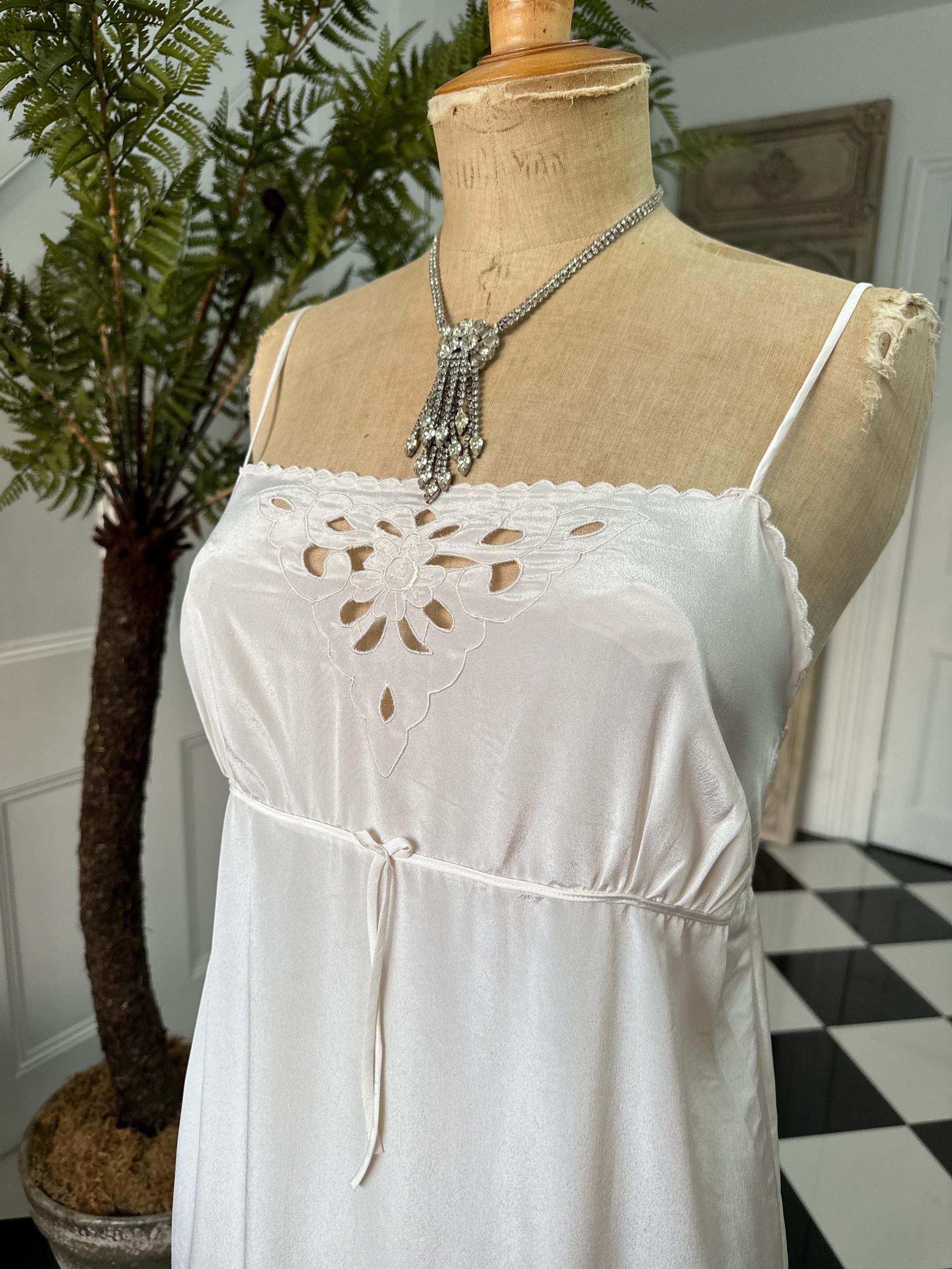 1970 long sexy slip dress with cutout lace details in off white