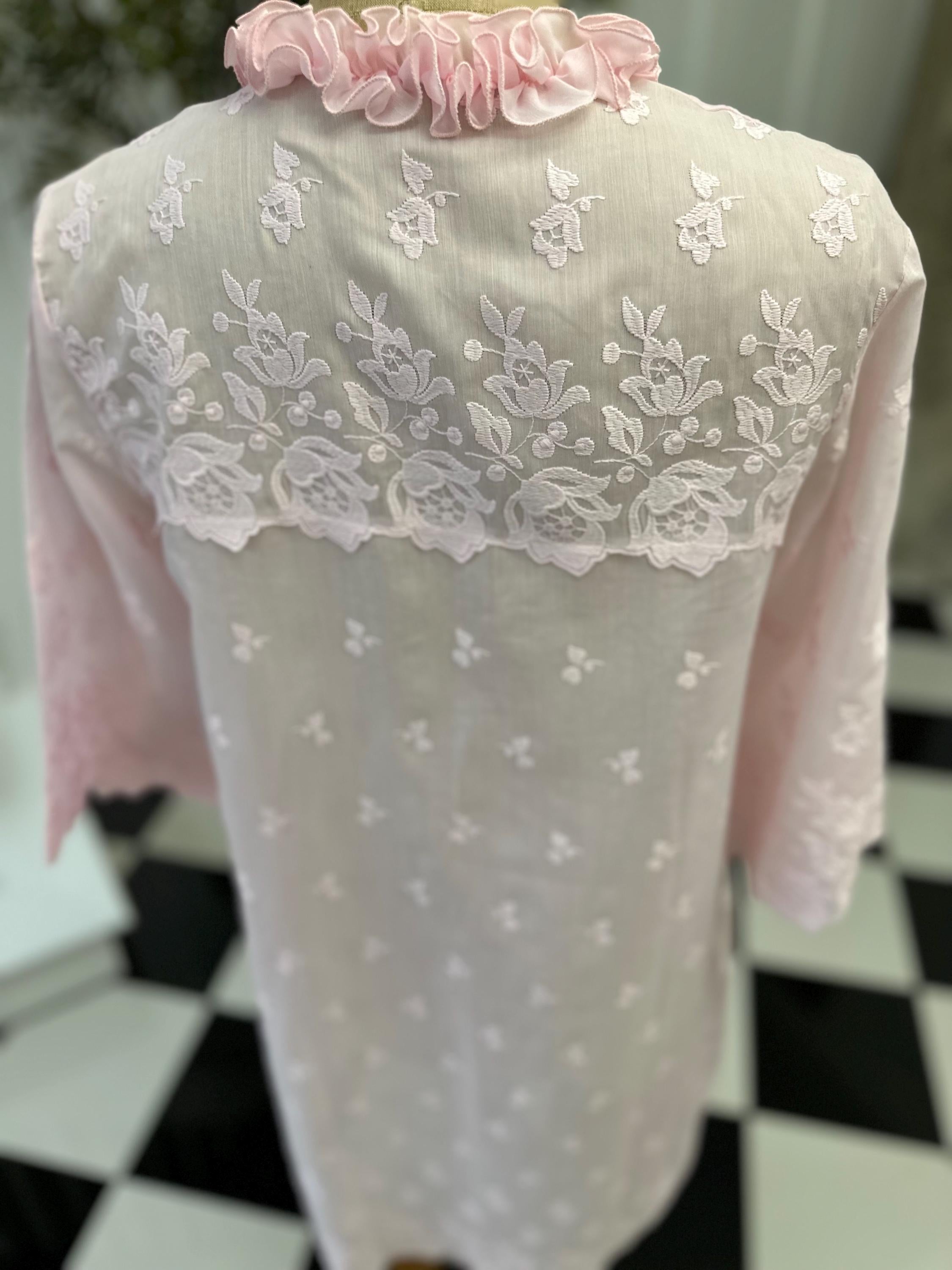Vintage 1970 Pink Babydoll Gown Playful Ruffles Floral Embroidery