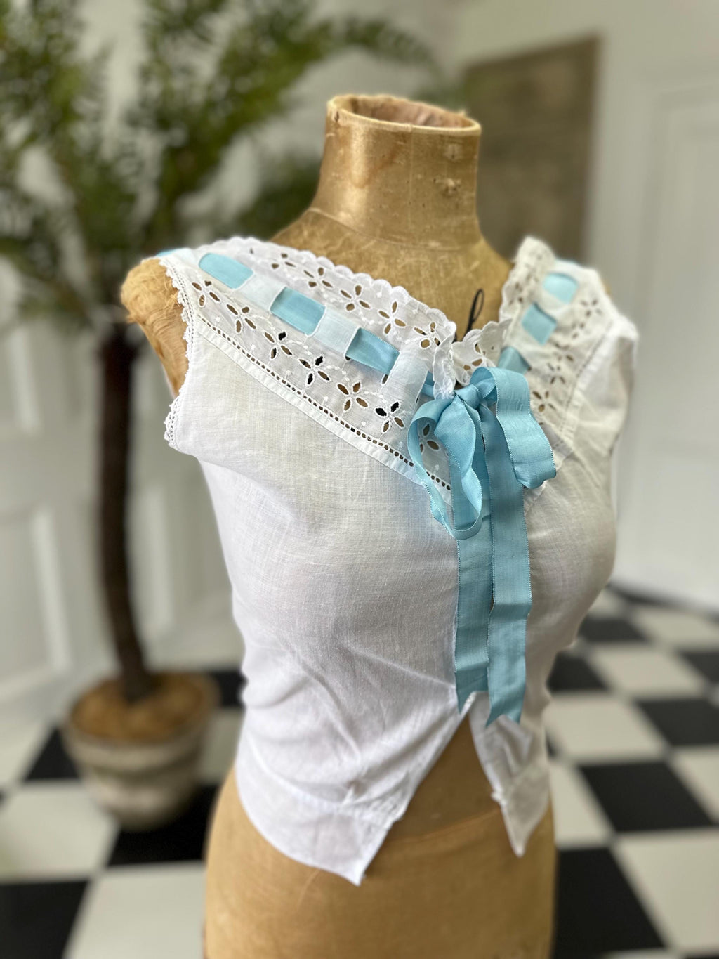 Elegant Edwardian Victorian Corset Cover with blue ribbon