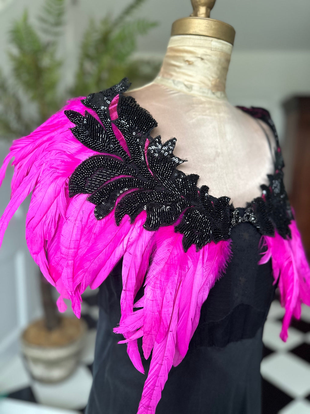 1930s vintage style hot pink cerise pink feather cape  with black embellishment