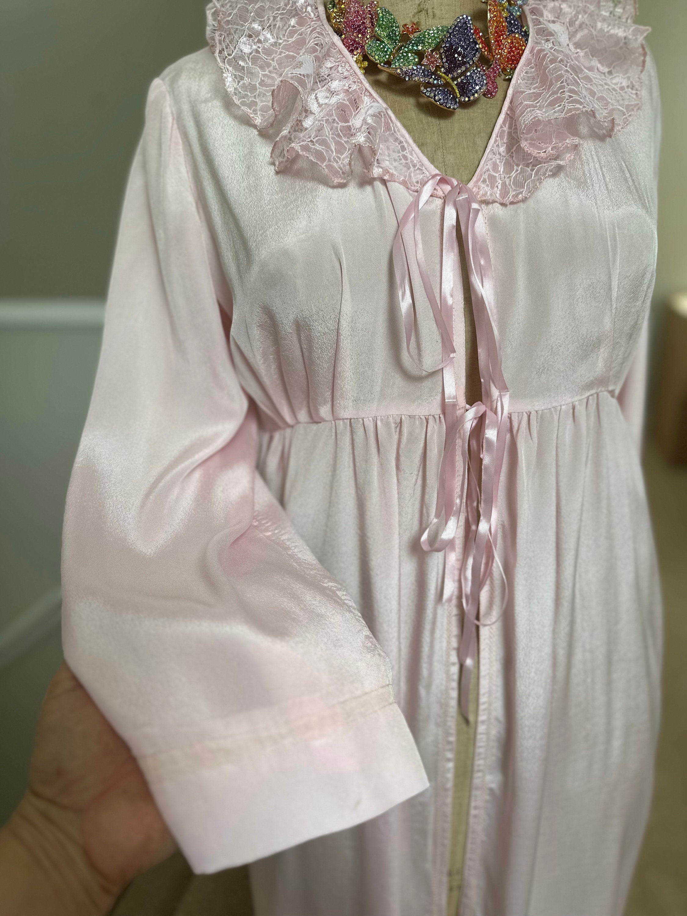 1970s Pink silky and lace long gown house coat