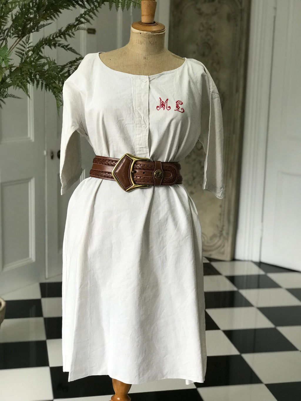 1800s antique French  hemp linen smock dress  monogram ML