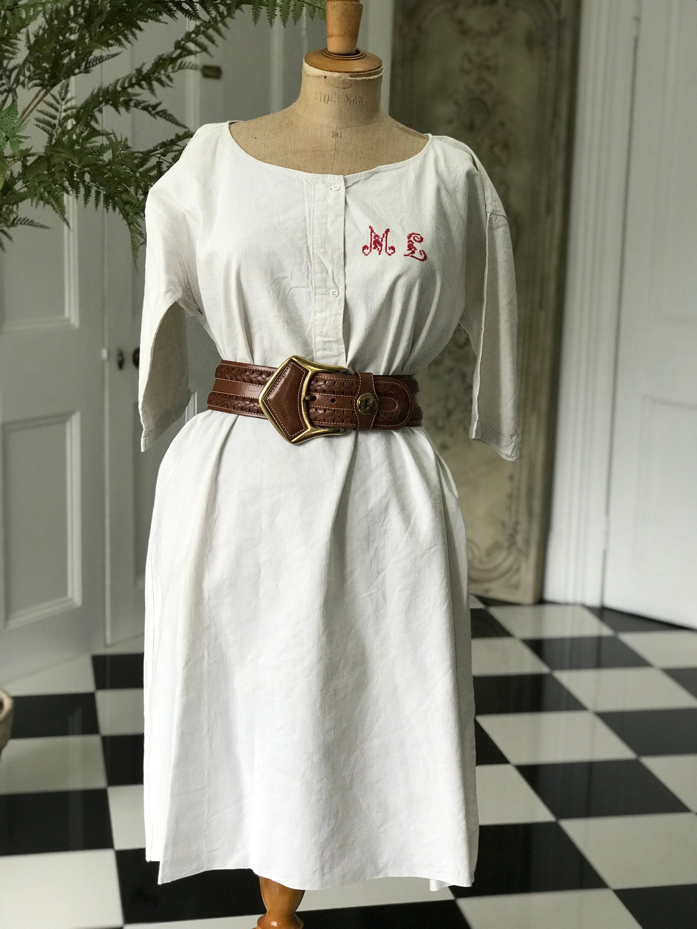 1800s antique French  hemp linen smock dress  monogram ML