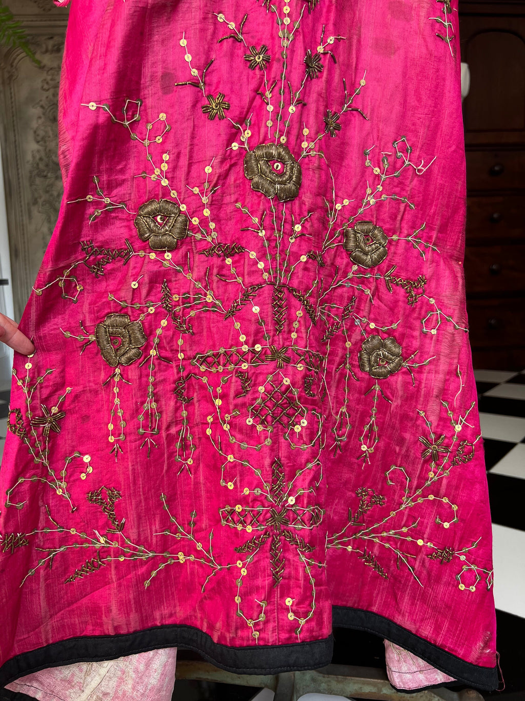 Antique Ottoman Silk Bindalli Dress: Hot Pink Zardozi Embroidery