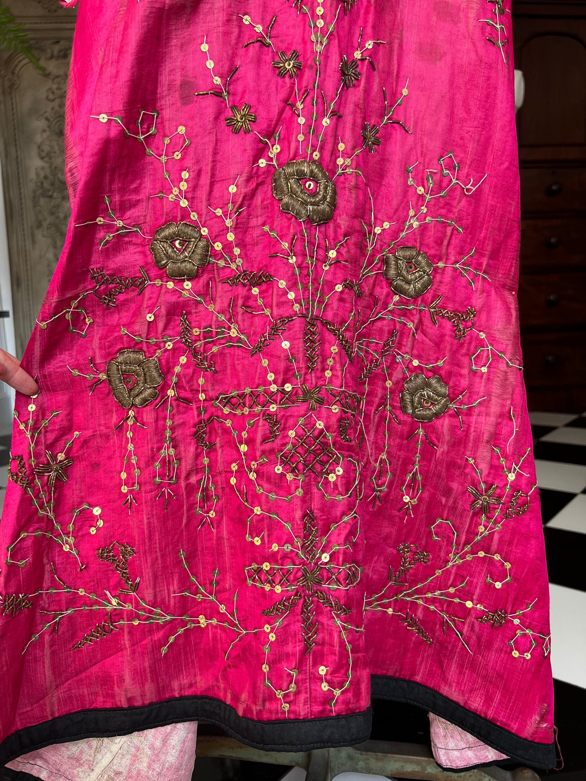 Antique Ottoman Silk Bindalli Dress: Hot Pink Zardozi Embroidery
