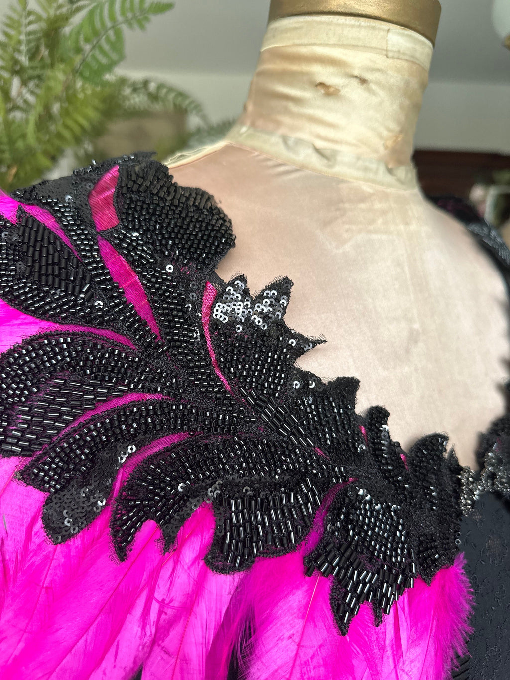 1930s vintage style hot pink cerise pink feather cape  with black embellishment