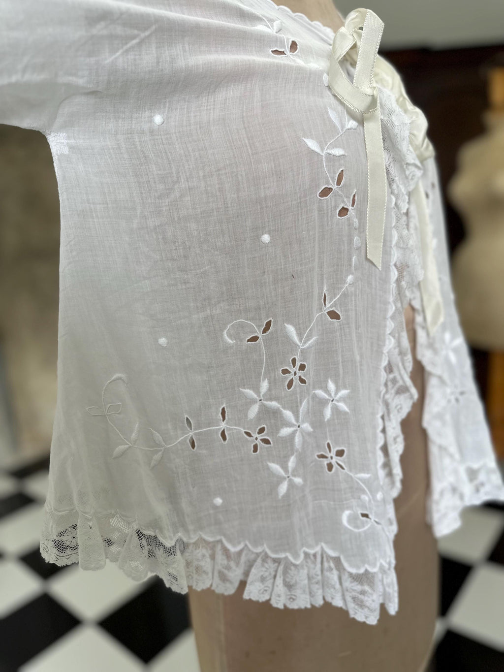 1900 Edwardian white muslin hand embroidered bed jacket