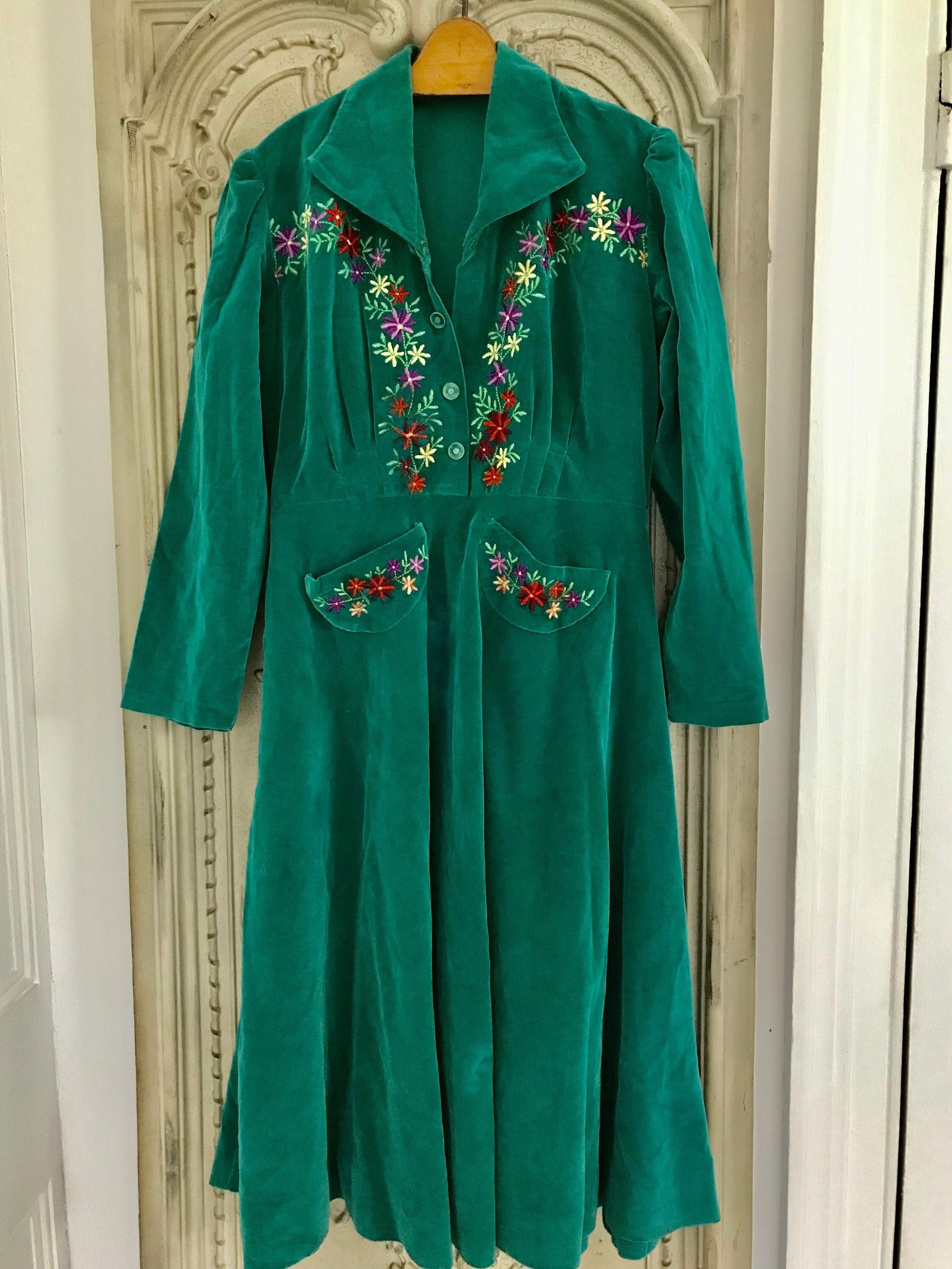 1940s velvet long sleeve dress with hand embroidery details