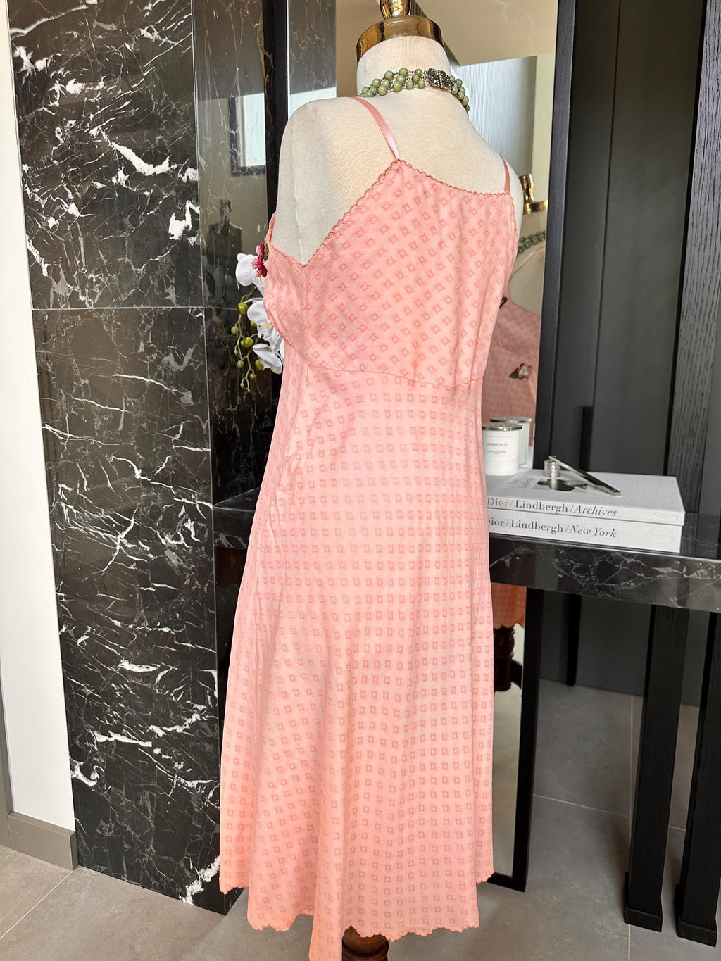 1930s Dreamy Pink Silk Slip Dress – 3D crochet Rosettes