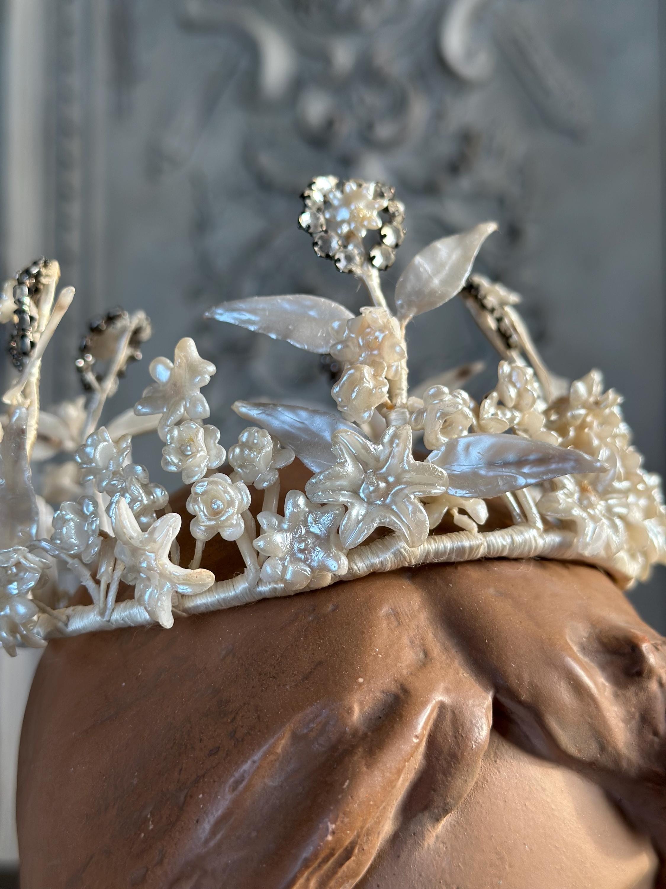 1910s 1920s Wax Elegant Handcrafted flowers and Crystals wedding Tiara