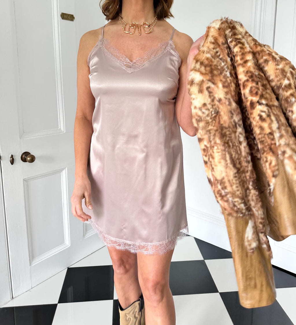 Vintage silk satin slip dress with eyelash lace trim dusty rose mauve lingerie slip