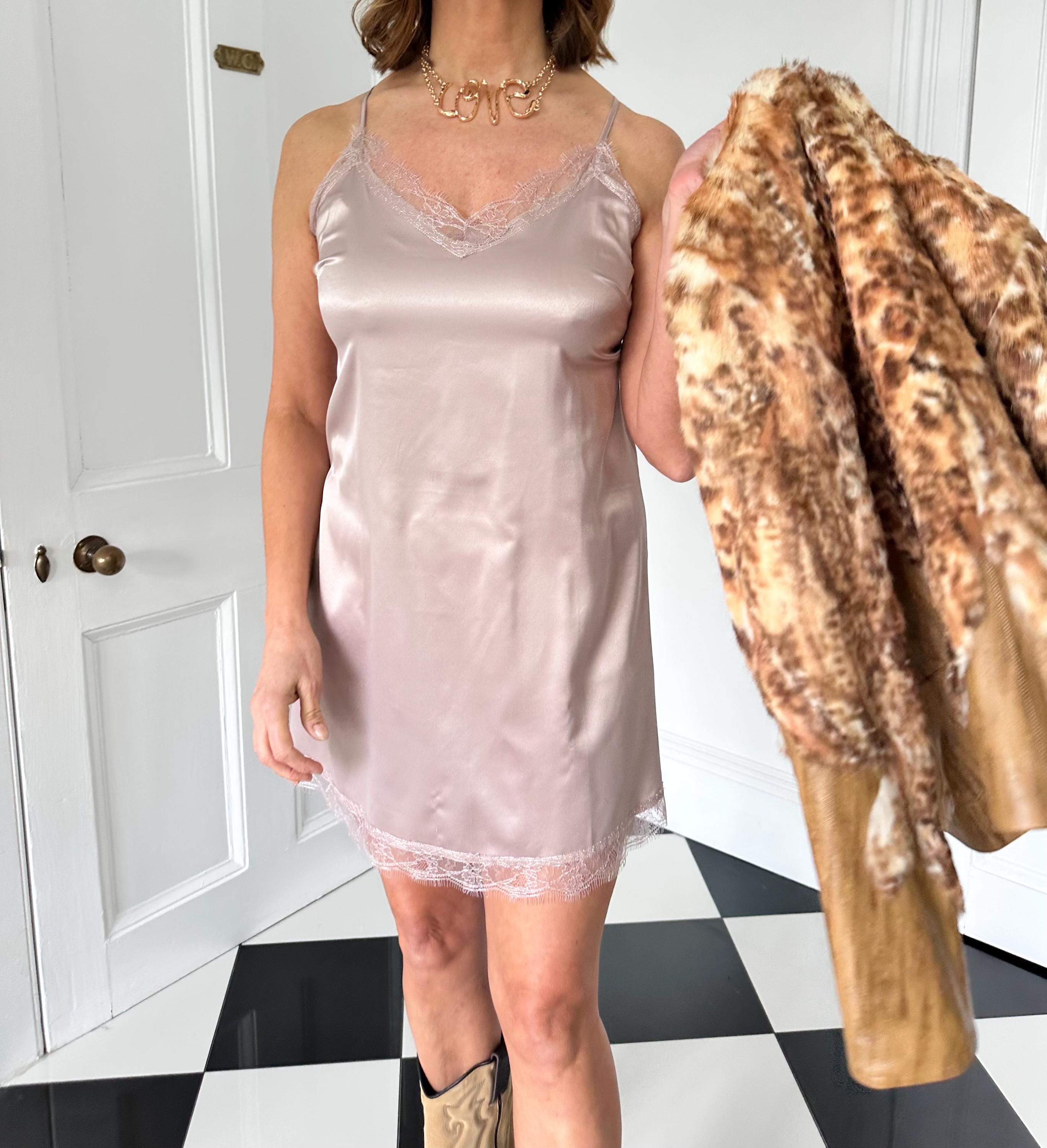 Vintage silk satin slip dress with eyelash lace trim dusty rose mauve lingerie slip