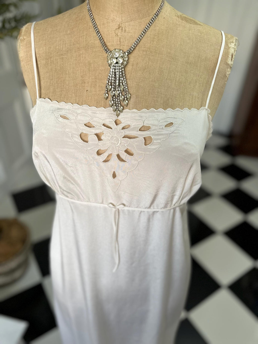 1970 long sexy slip dress with cutout lace details in off white
