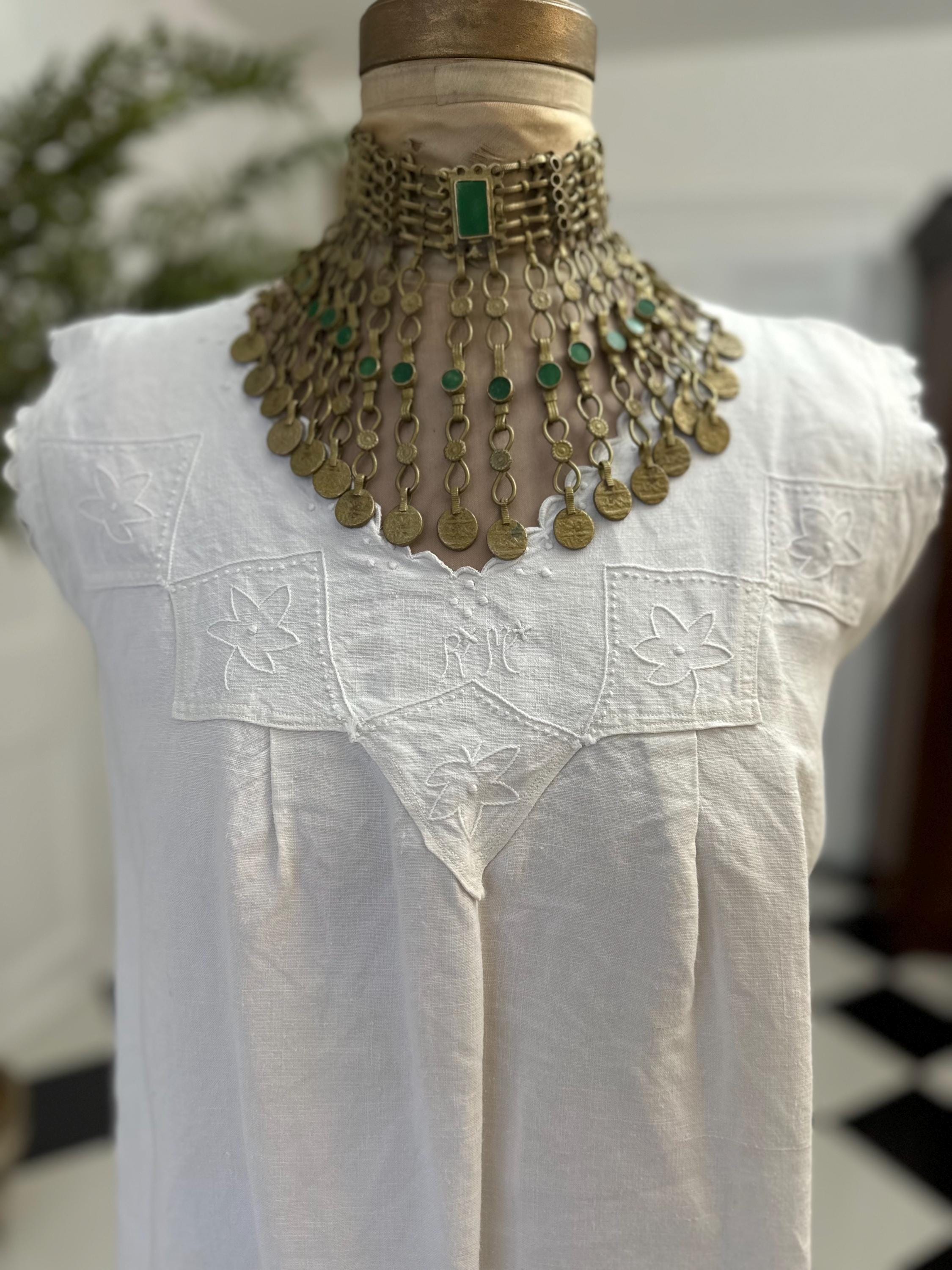 Antique Linen Smock Dress: Hand Embroidered Monogram, UK 8-10