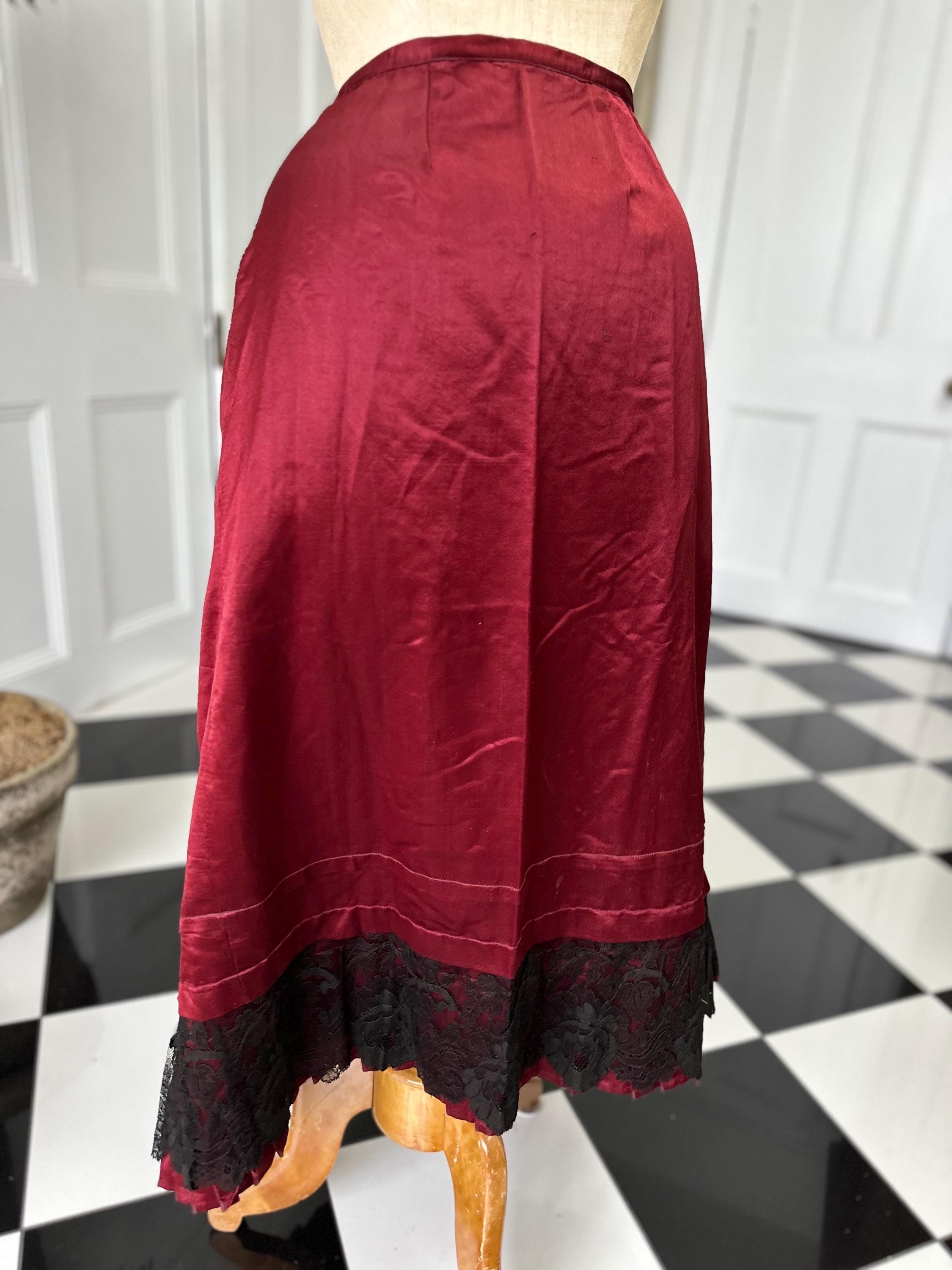 Victorian Dark Red Silk Satin Skirt  Elegant Black Lace Flounce
