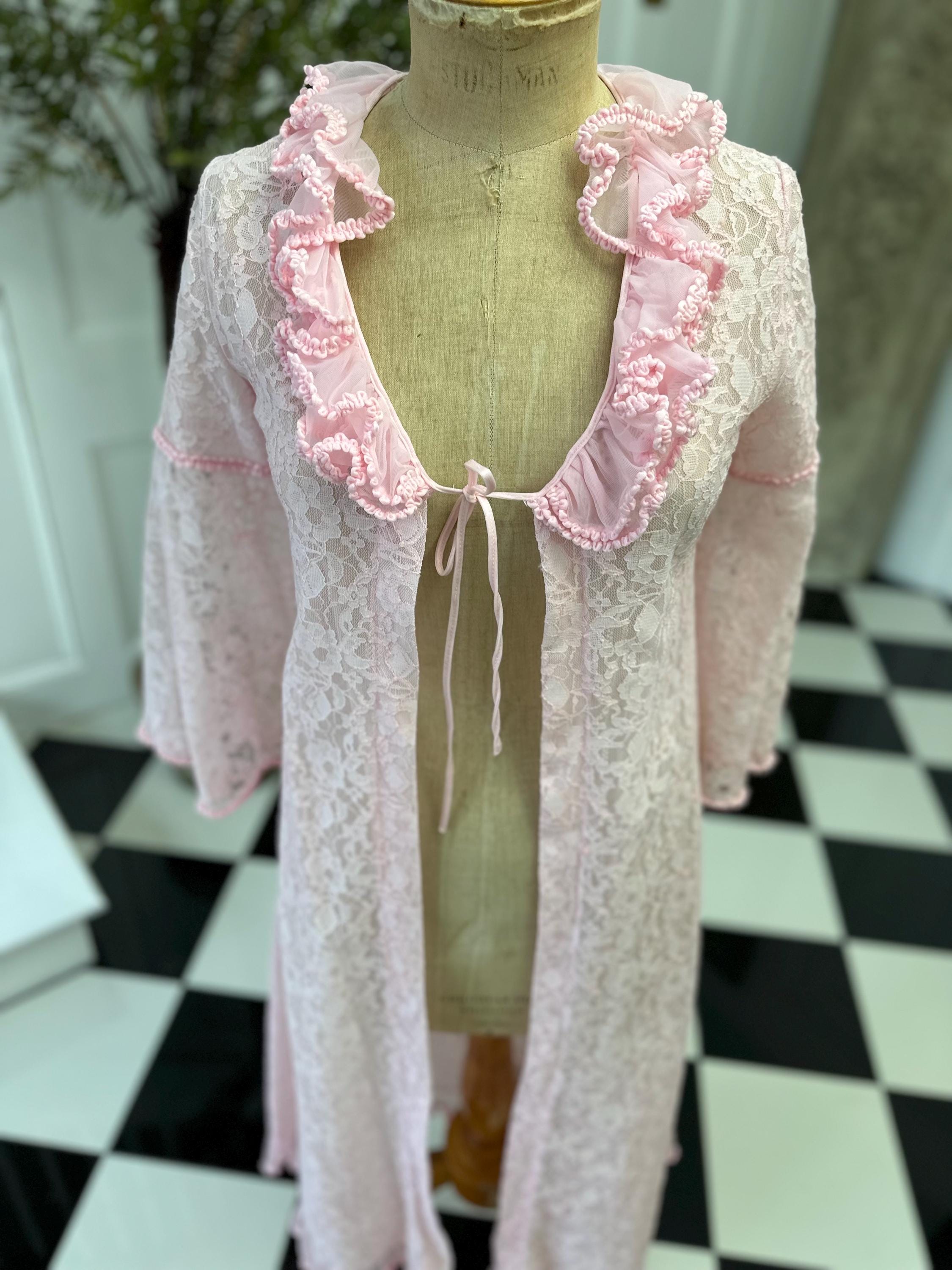 Vintage 1970 Pink Lace Peignoir  Bell Sleeves  Ruffle Neckline