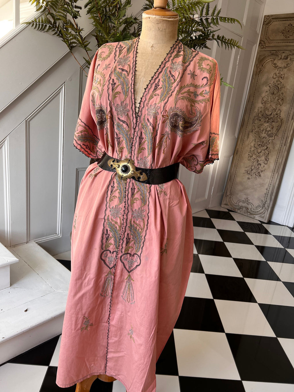 Antique Ottoman robe kimono with embroidered in pale old rose  pink