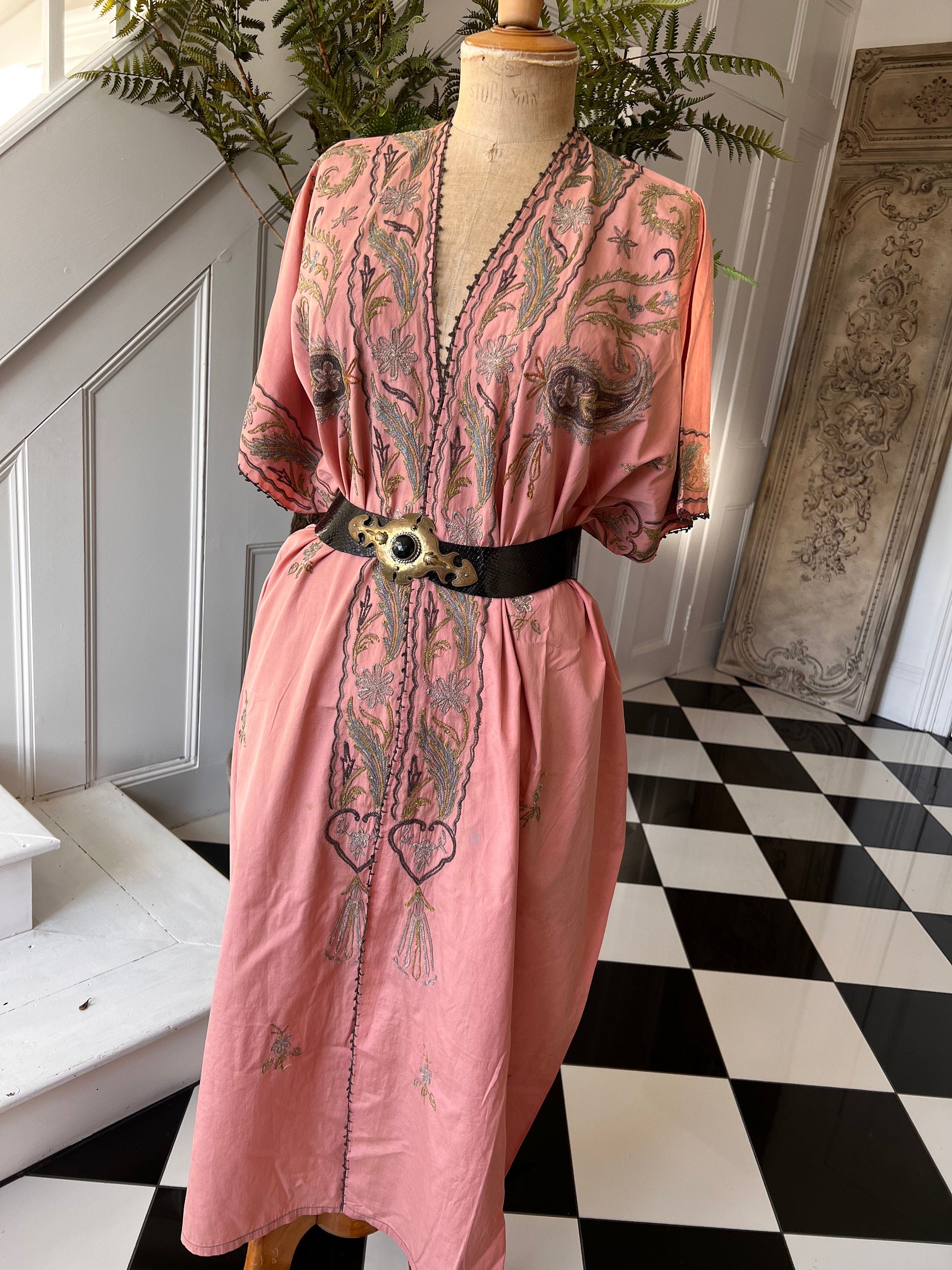 Antique Ottoman robe kimono with embroidered in pale old rose  pink