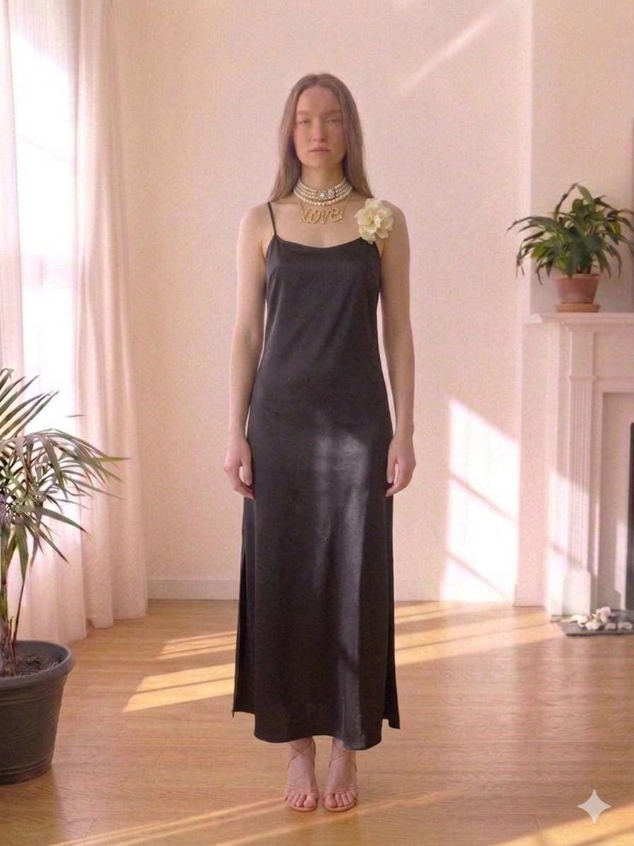 Vintage style long bias cut black slip dress.