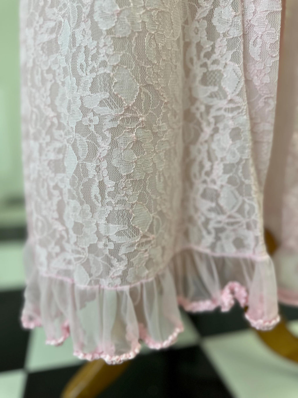 Vintage 1970 Pink Lace Peignoir  Bell Sleeves  Ruffle Neckline