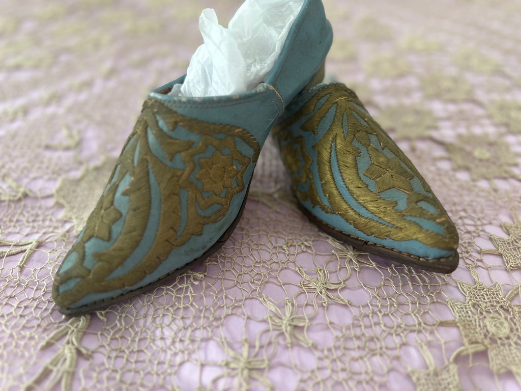 Antique Ottoman 19th century leather shoes with gold embroidery