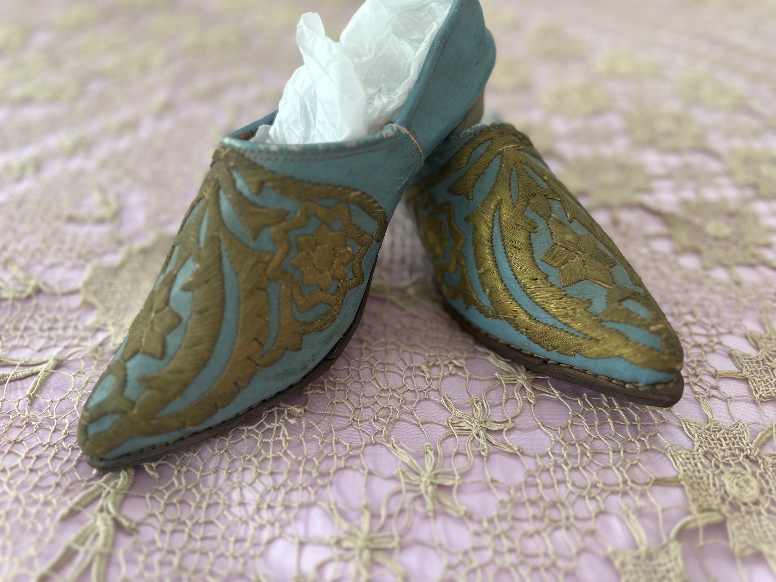 Antique Ottoman 19th century leather shoes with gold embroidery