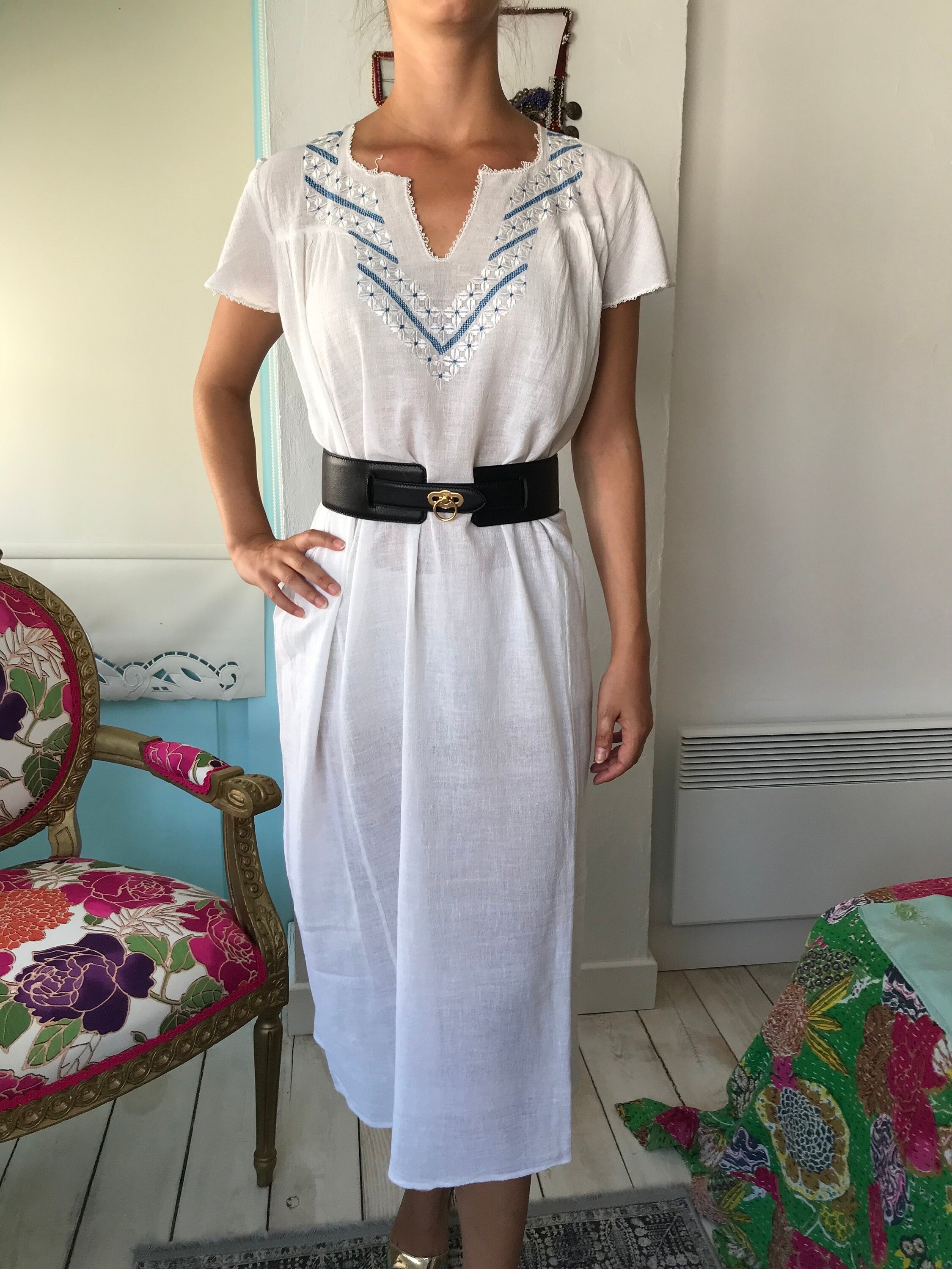 1970s hand loomed cotton muslin  hand embroidered smock dress