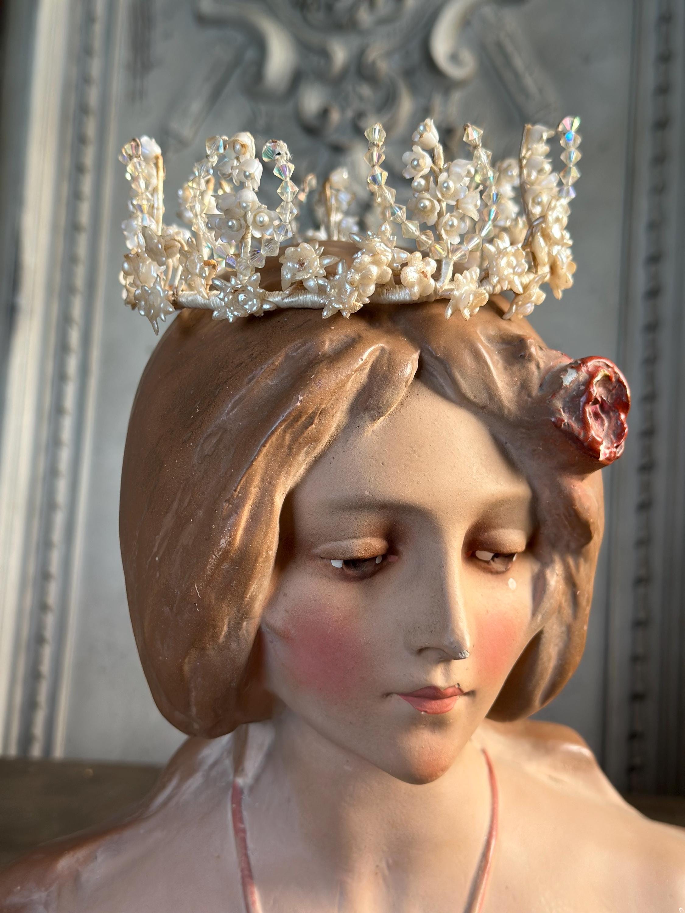 1910s 1920s Wax Elegant Handcrafted Pearl and Crystal wedding Tiara