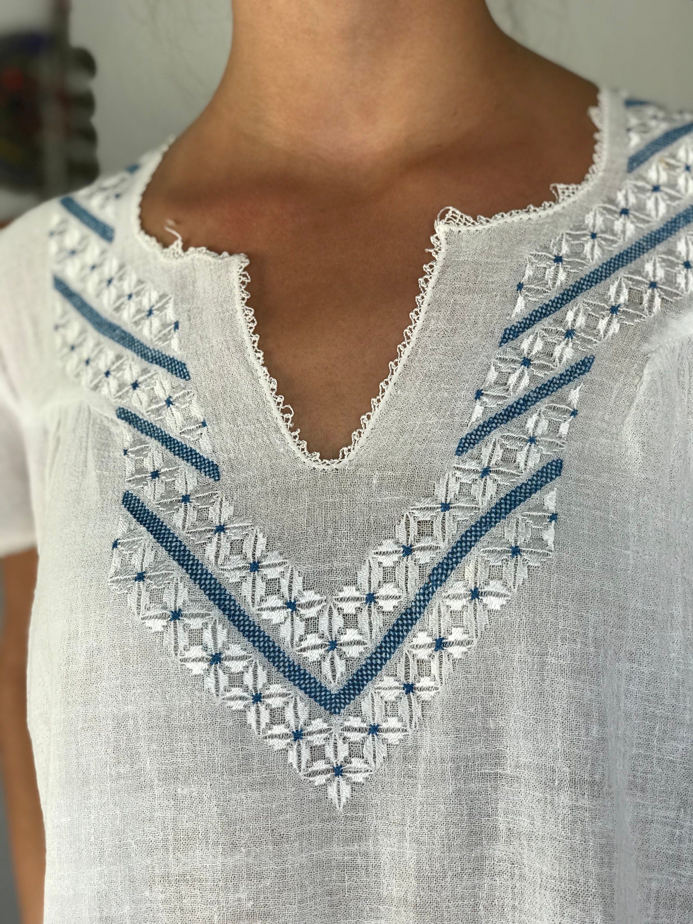 1970s hand loomed cotton muslin  hand embroidered smock dress