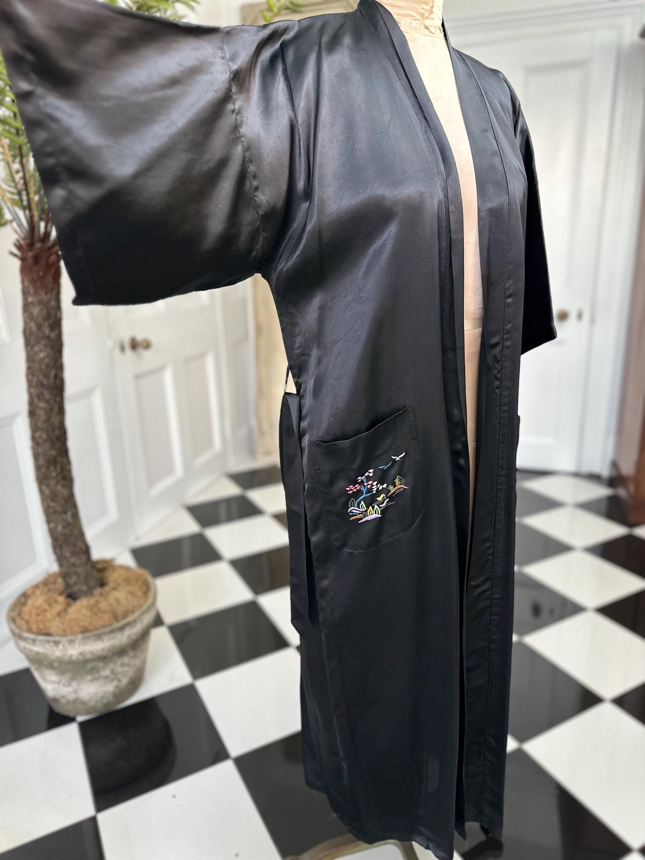 Vintage 1970 black satin embroidered kimono