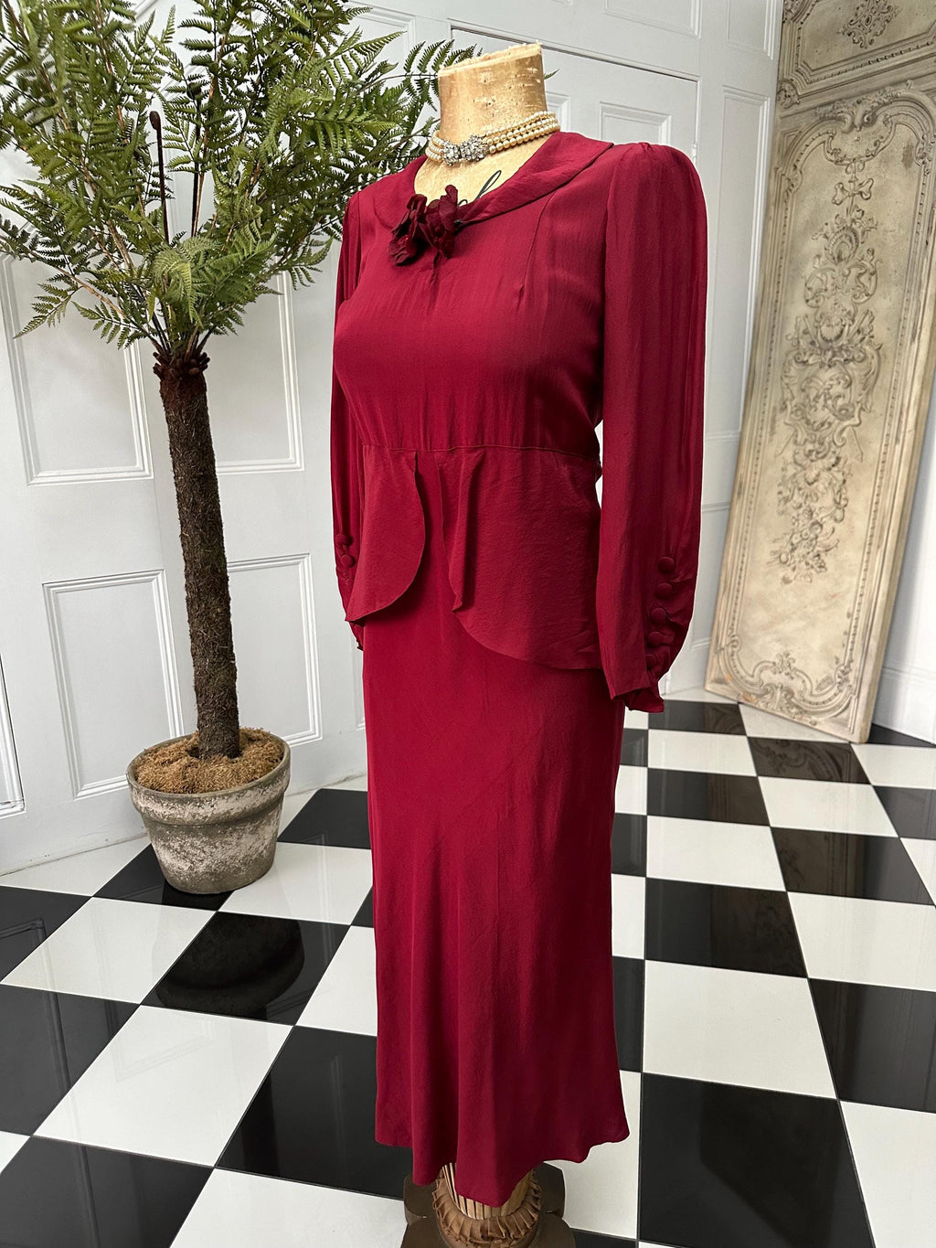 1940 Ruby red peplum dress with silk corsage
