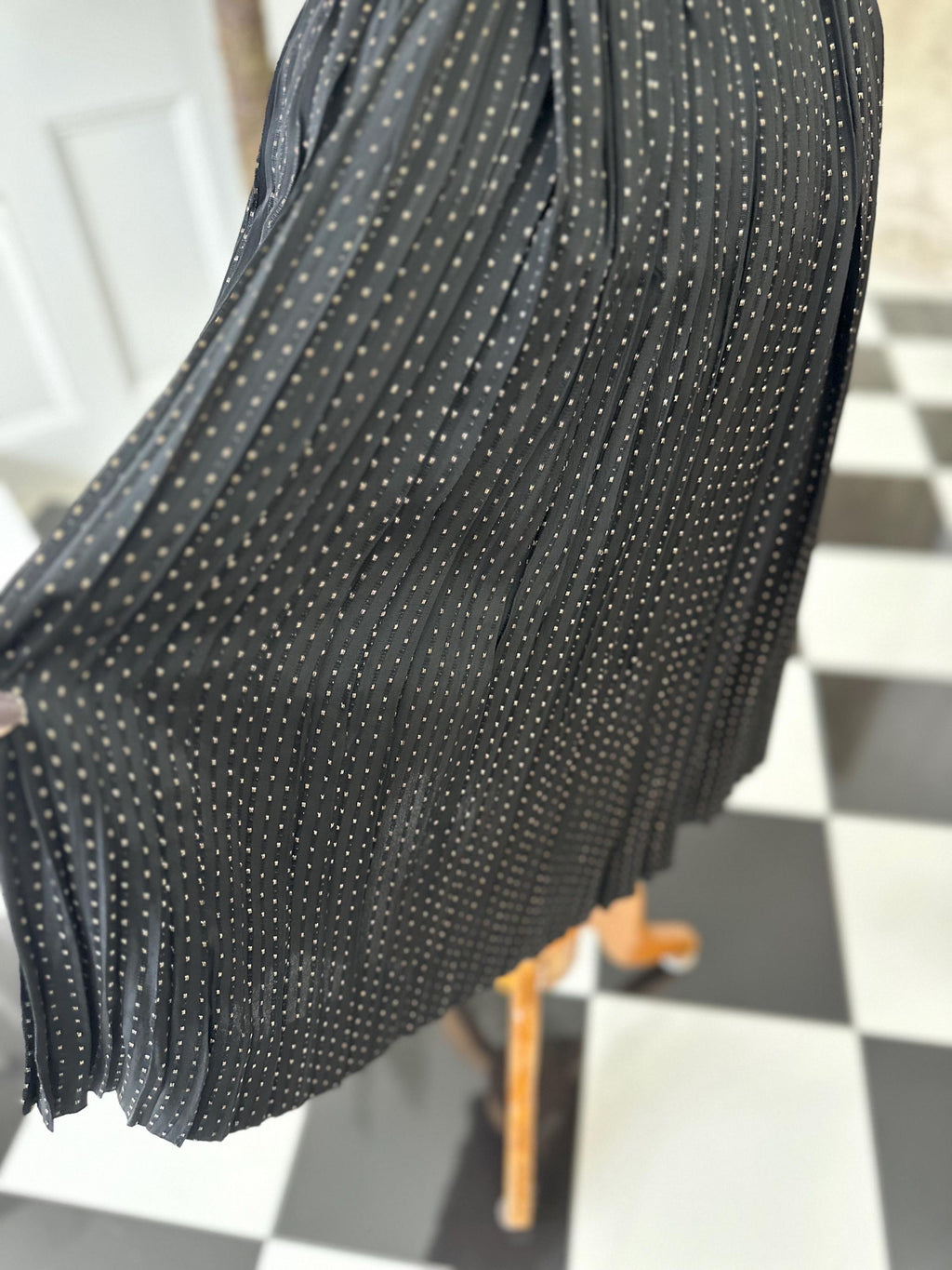 1940s Black with gold thread accordion pleat dress