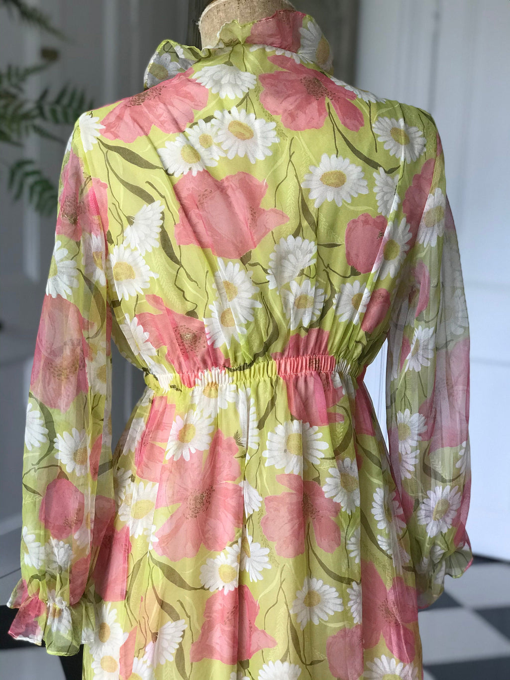 Vintage 1970s floral pink and yellow and green maxi dress with ruffle collar