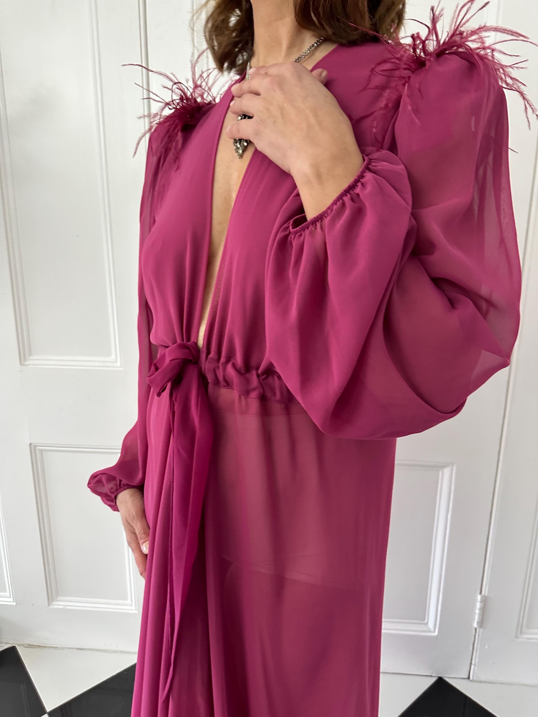 Vintage 1940s style pink maxi gown robe with ostrich feather