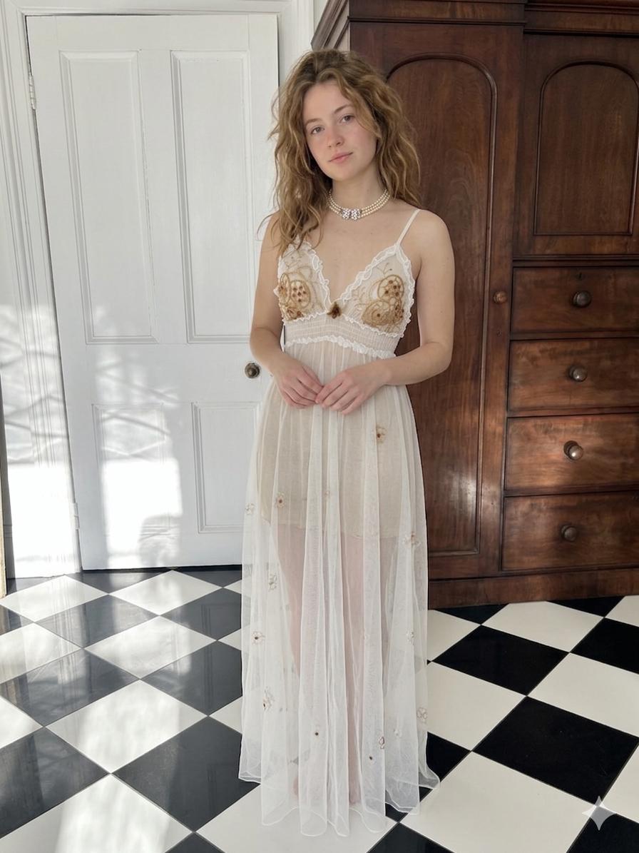 Vintage Ethereal Sheer Tulle Gown | Embroidered Gold Floral Bodice | Fairycore Maxi Slip