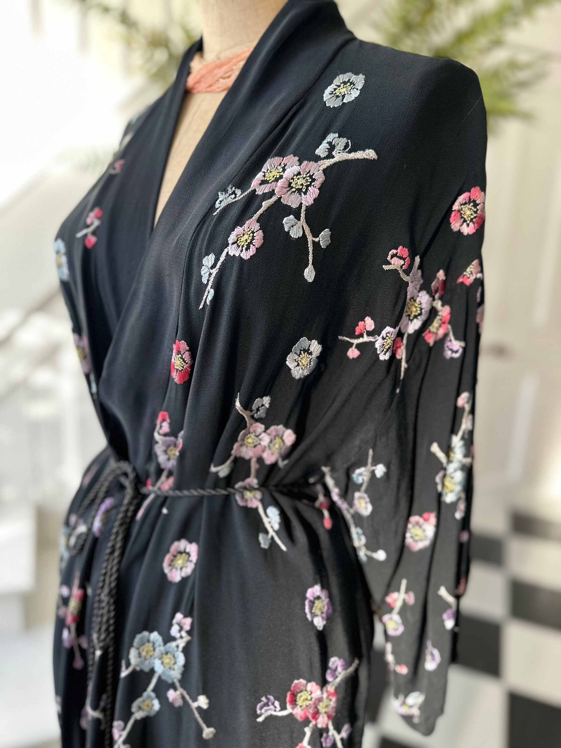 1930s black kimono with pastel colour silk flowers embroidery