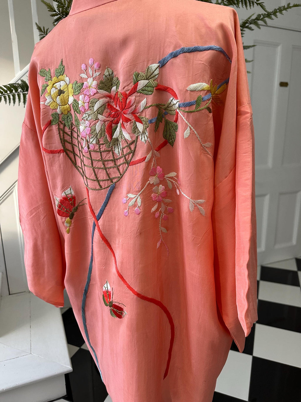 vintage pink silk hand embroidered kimono Japanese  Haori
