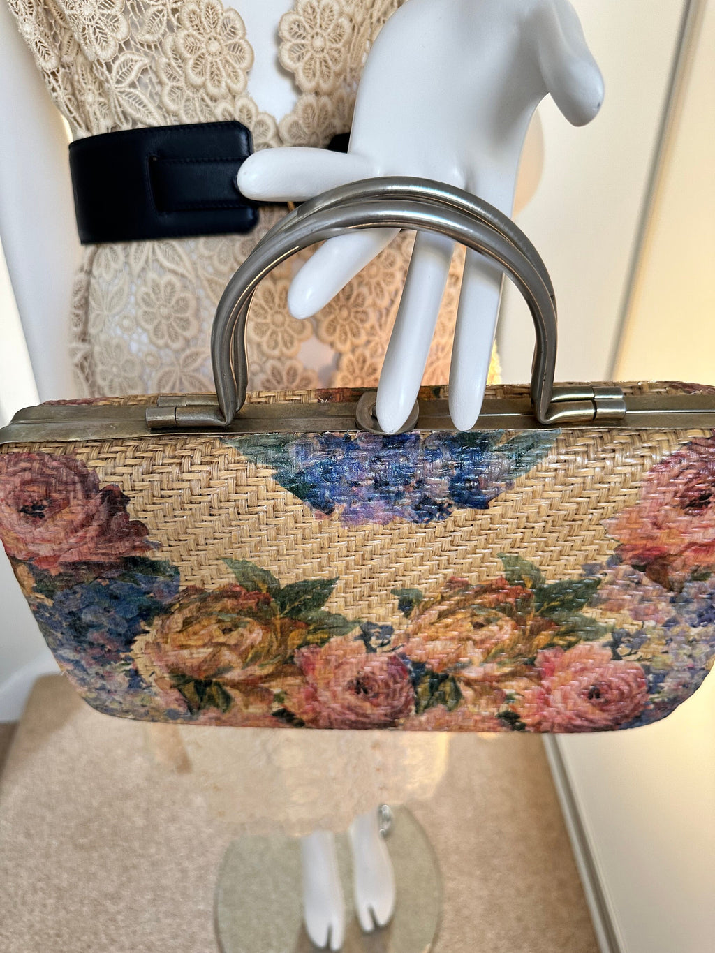 Boho 1970s hessian handbag with floral design