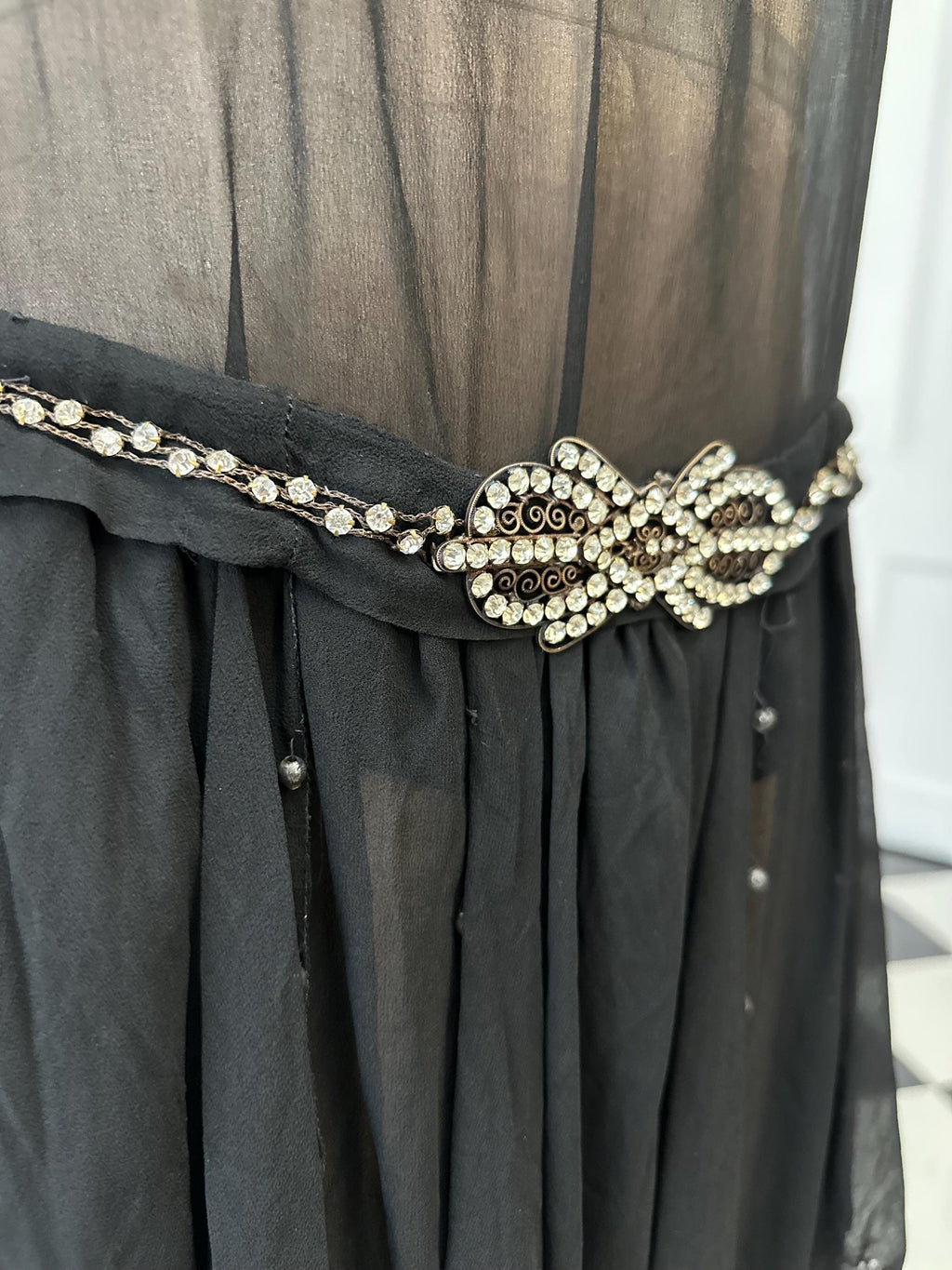 1920s Black sheer dress with diamond waistline details